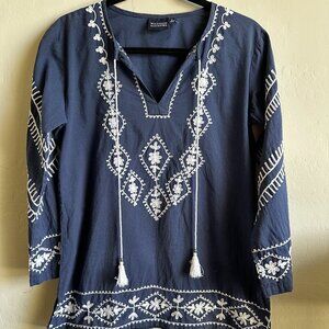 Madison Mathews Navy Embroidered Boho Tunic Top Made in India Size M